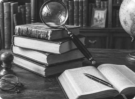Meja belajar dengan buku, kaca pembesar, dan Alkitab terbuka